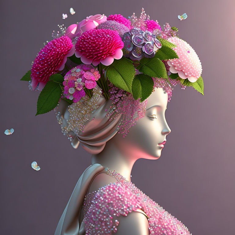 Illustration of woman with pink floral headdress on muted background