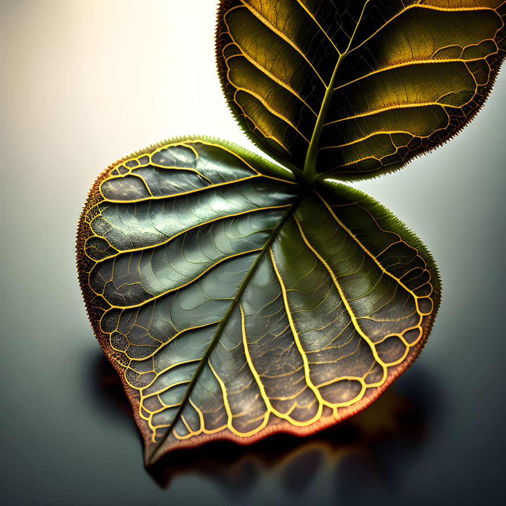 Translucent leaves with golden edges and prominent veins on reflective surface