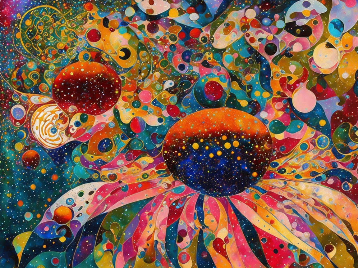 Colorful Abstract Cosmic Painting with Celestial Bodies and Swirling Patterns