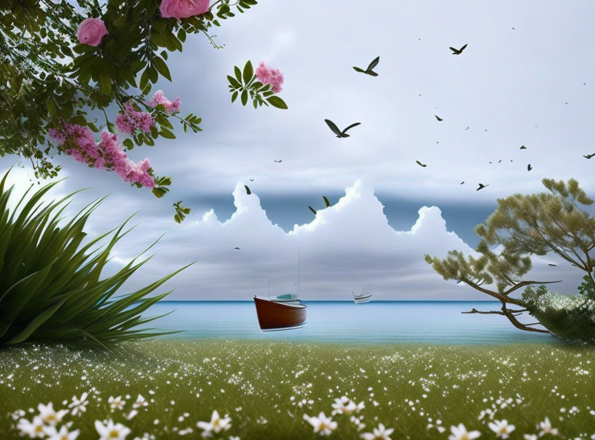 Tranquil landscape with boat, birds, flowers, and cloud-shaped foliage