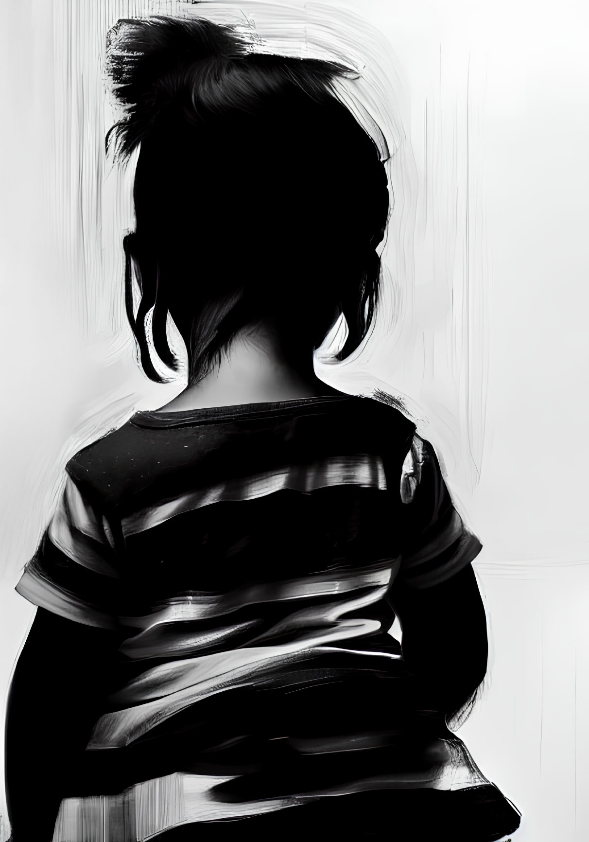 Child Silhouette with Topknot in Monochromatic Brushstroke Style