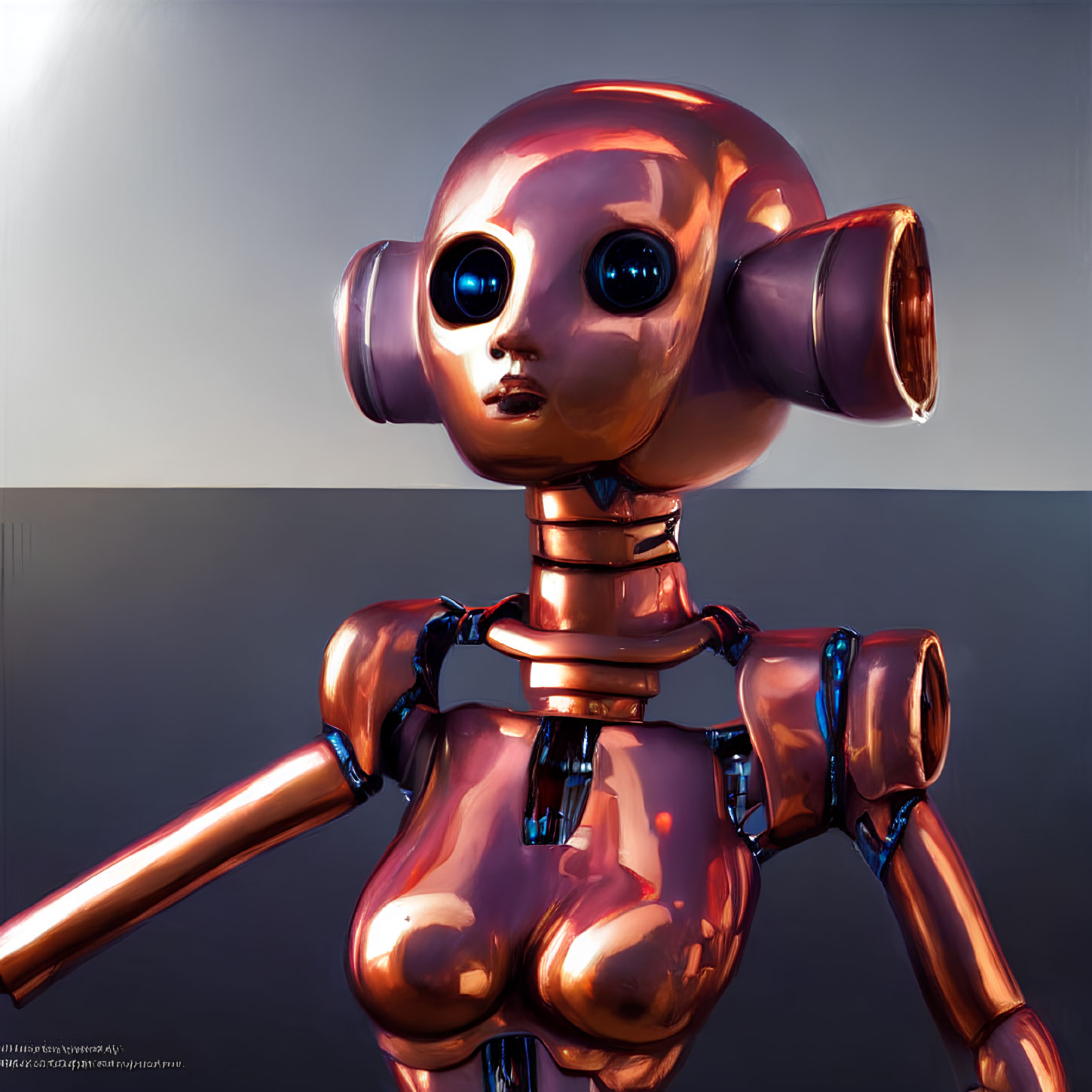 Futuristic humanoid robot with glossy copper finish and expressive eyes