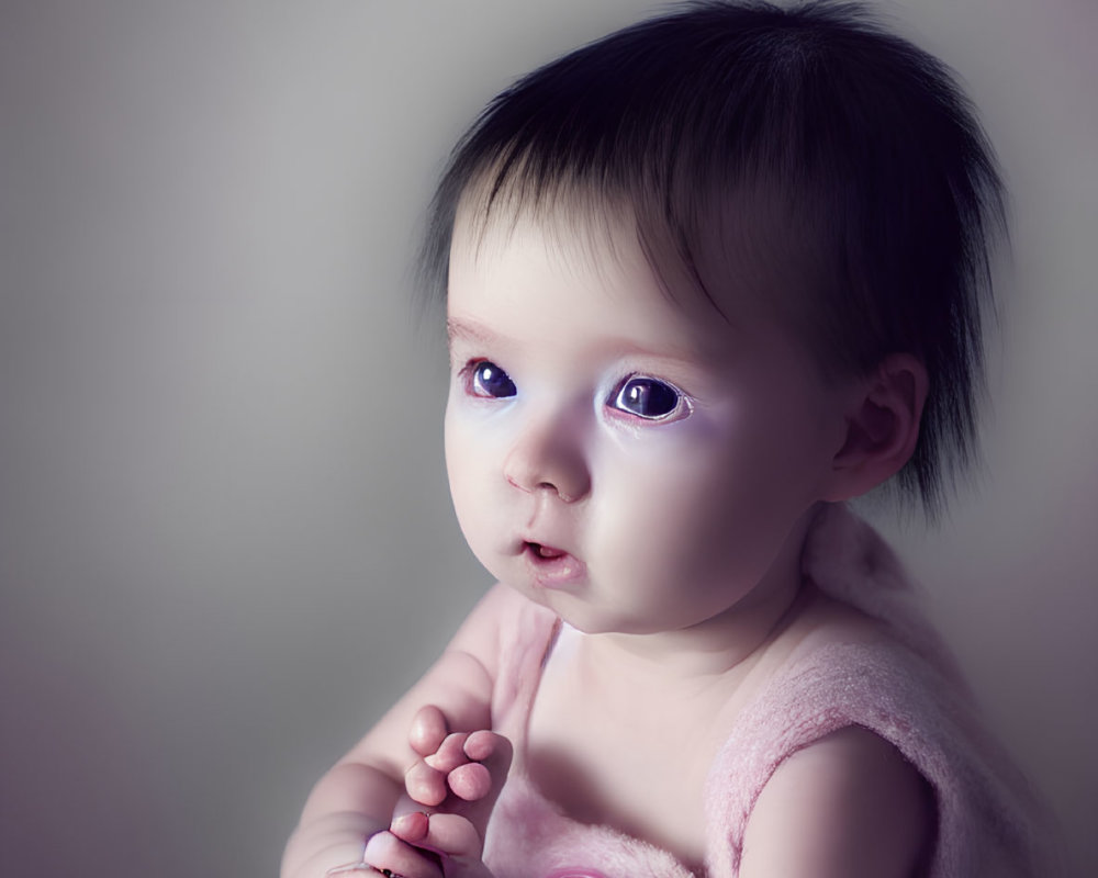 Dark-Haired Baby in Pink Attire with Big Eyes