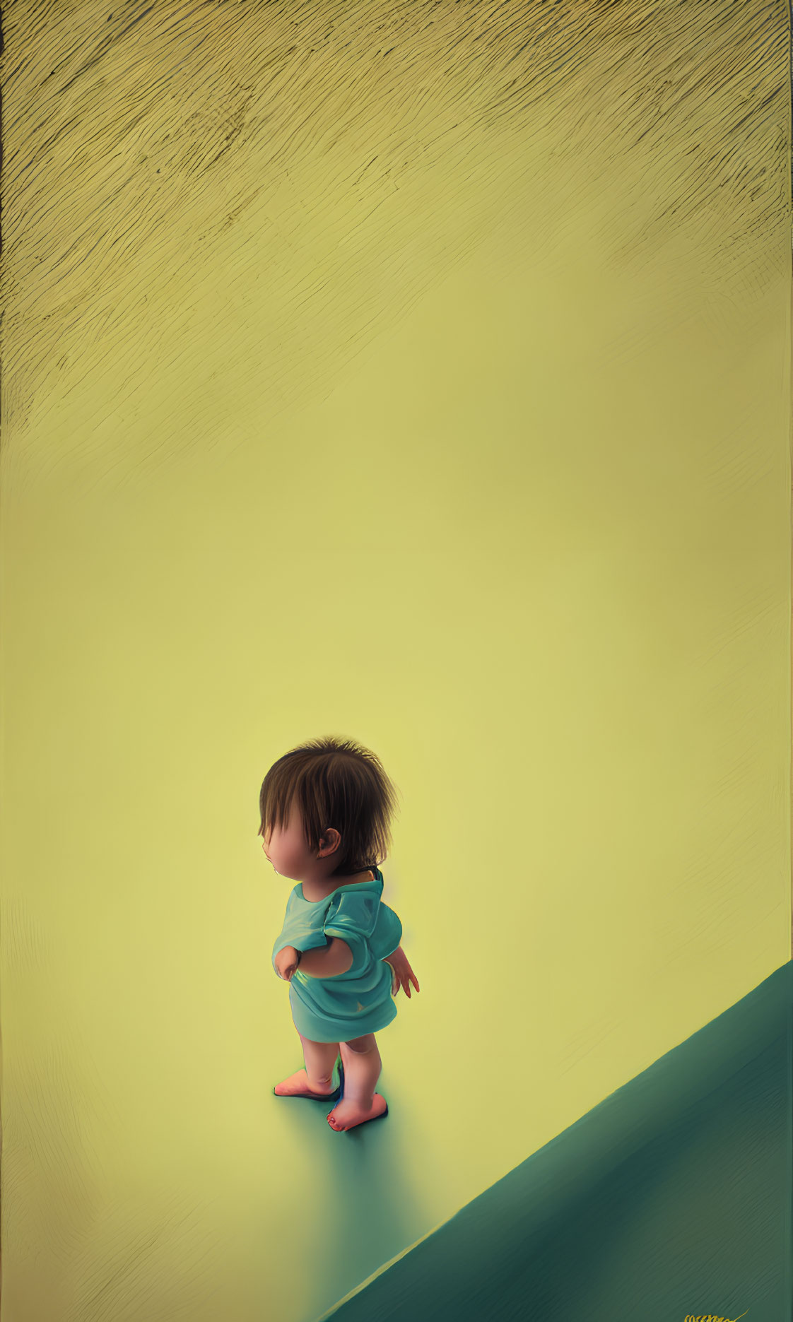 Toddler standing at shadow's edge in bright, yellow-lit space