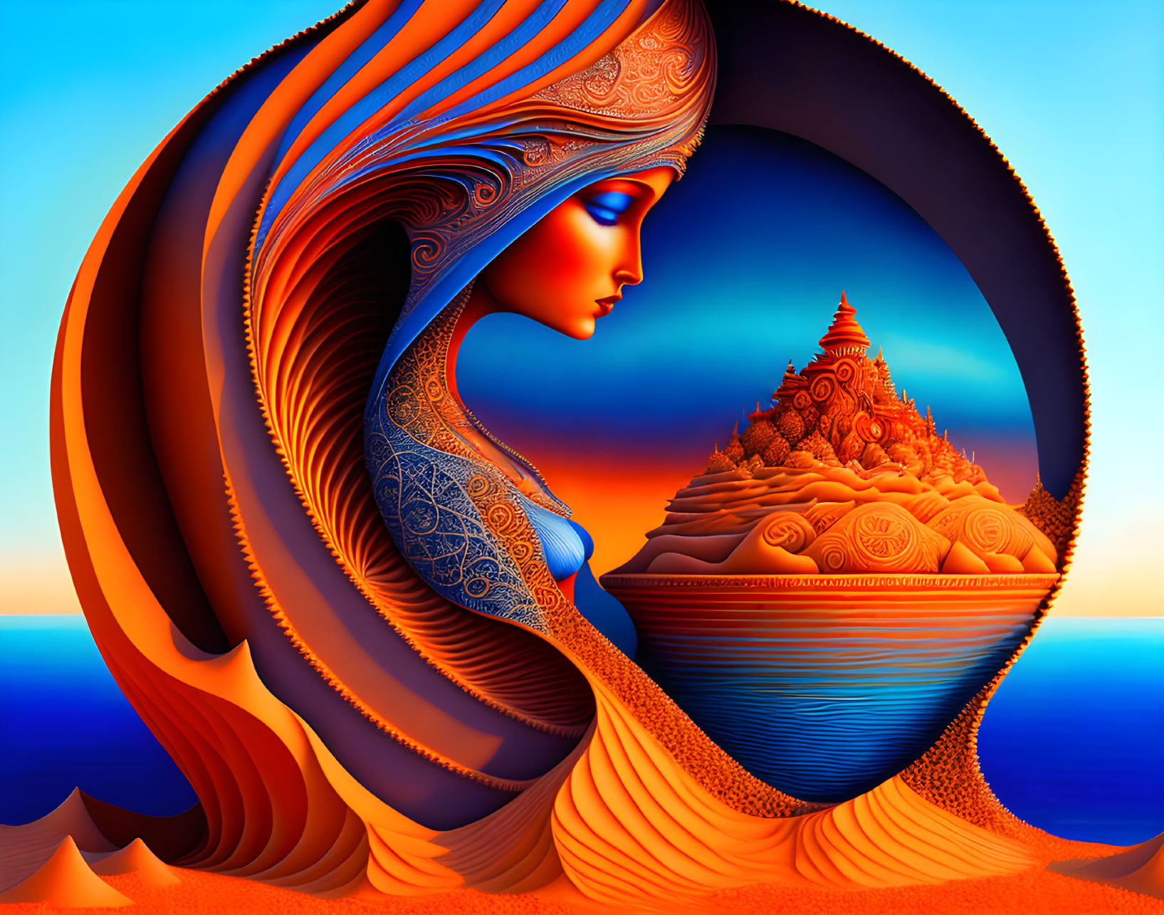 Surreal woman's profile with flowing hair, beach, temple, and sea in circular frame