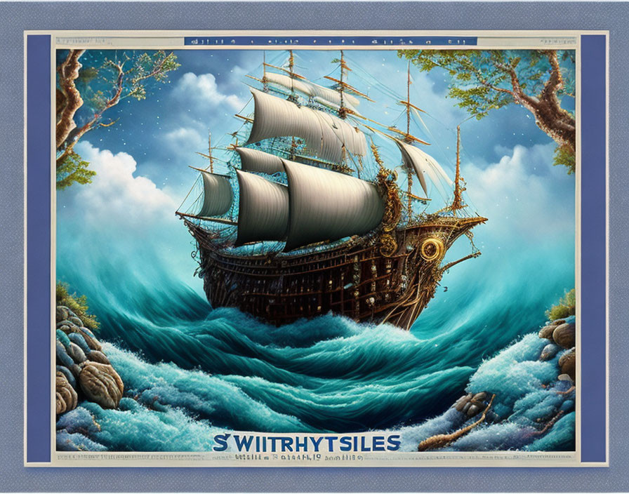 Surreal sailing ship painting on turbulent seas with caption.