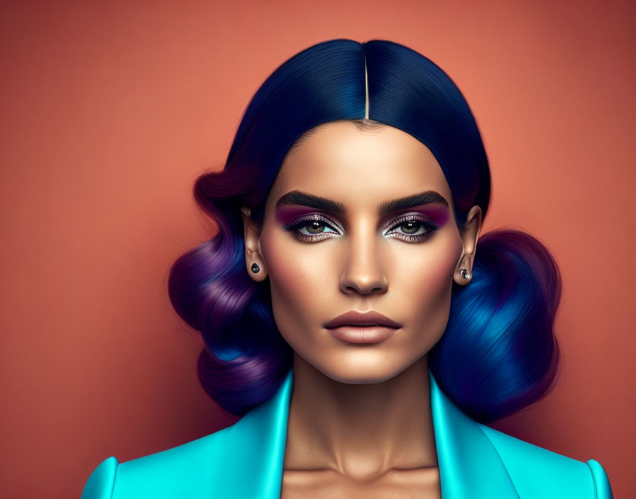 Vibrant digital portrait of a woman with blue hair and bold makeup