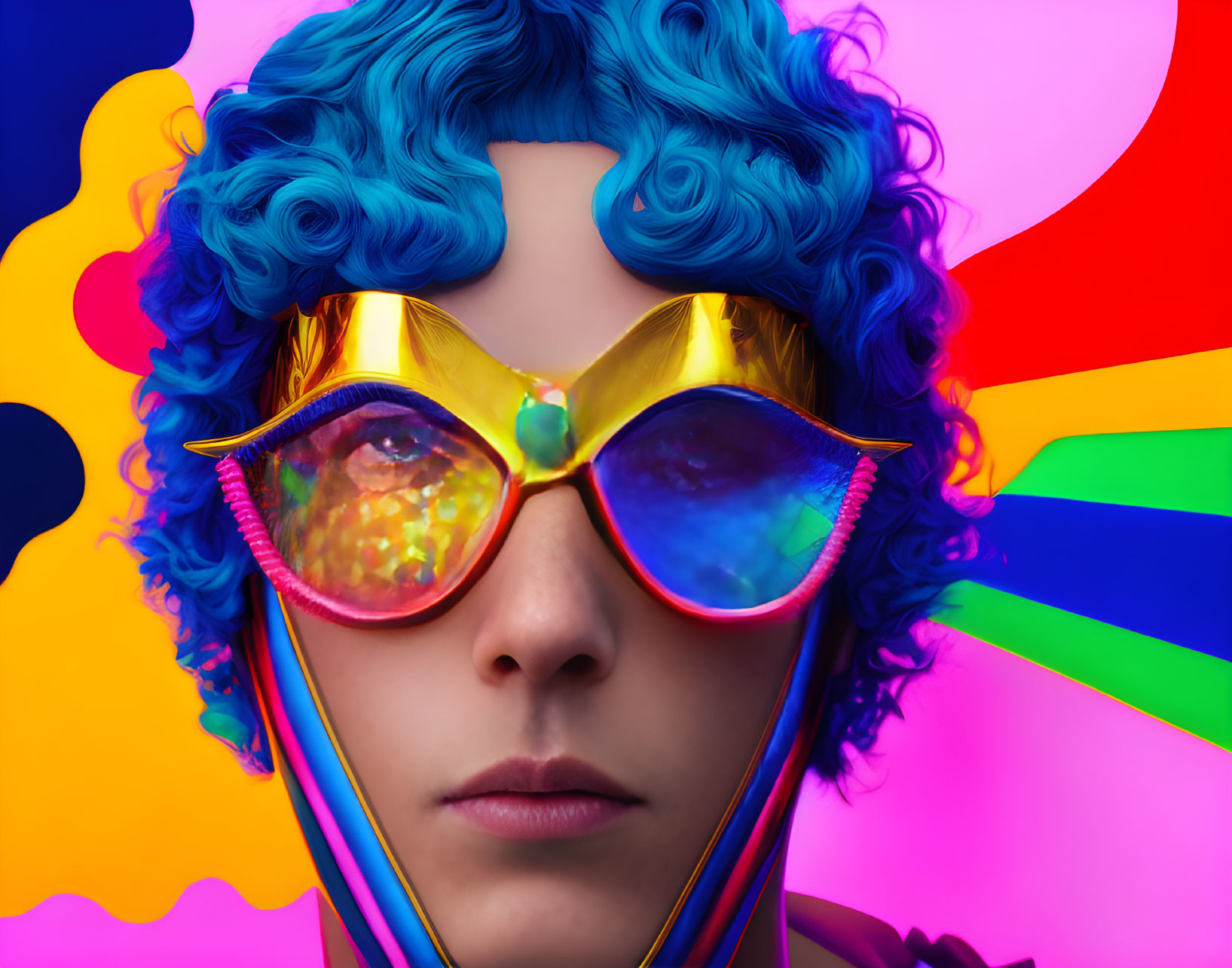 Vibrant blue curly hair with psychedelic sunglasses on colorful abstract backdrop