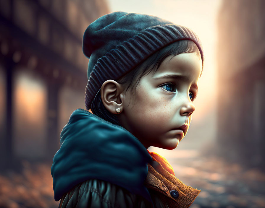 Young child in beret and coat on foggy, sunlit street