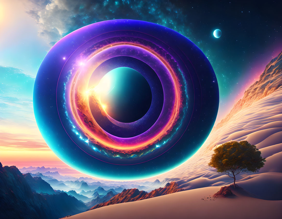 Vibrant surreal landscape with celestial rings, tree, dunes, and mountains