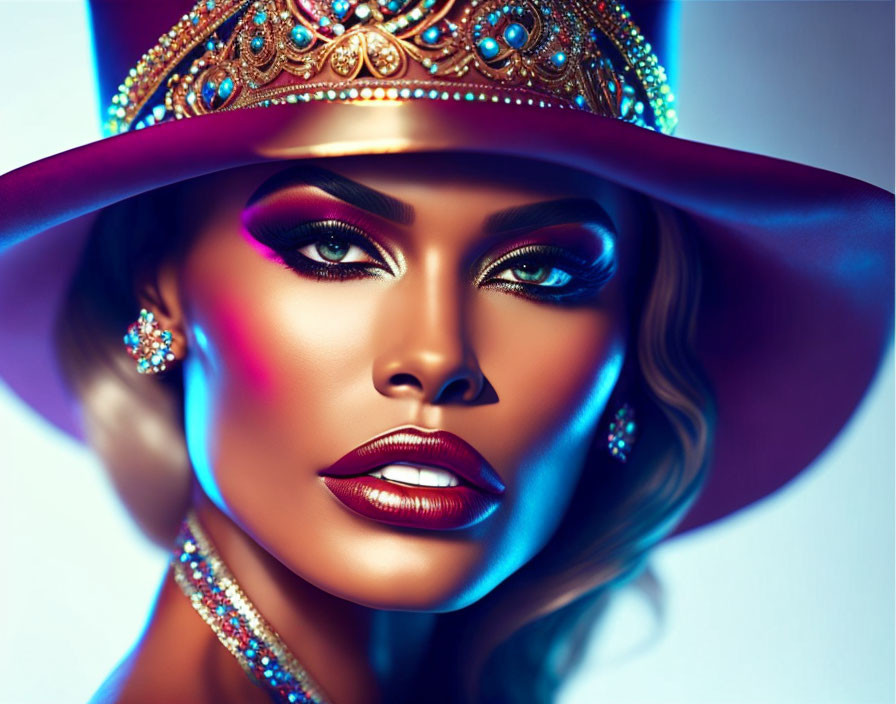 Colorful digital art portrait of a woman with bold makeup and jeweled hat.