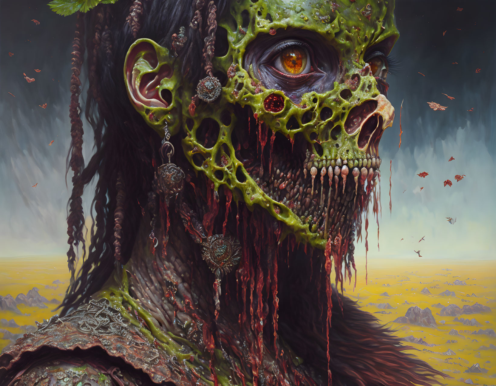 Gruesome zombie-like creature with green skeletal face in desolate fantasy landscape