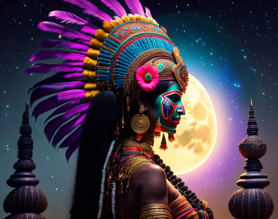 Person in Vibrant Tribal Attire with Feathered Headdress Under Night Sky