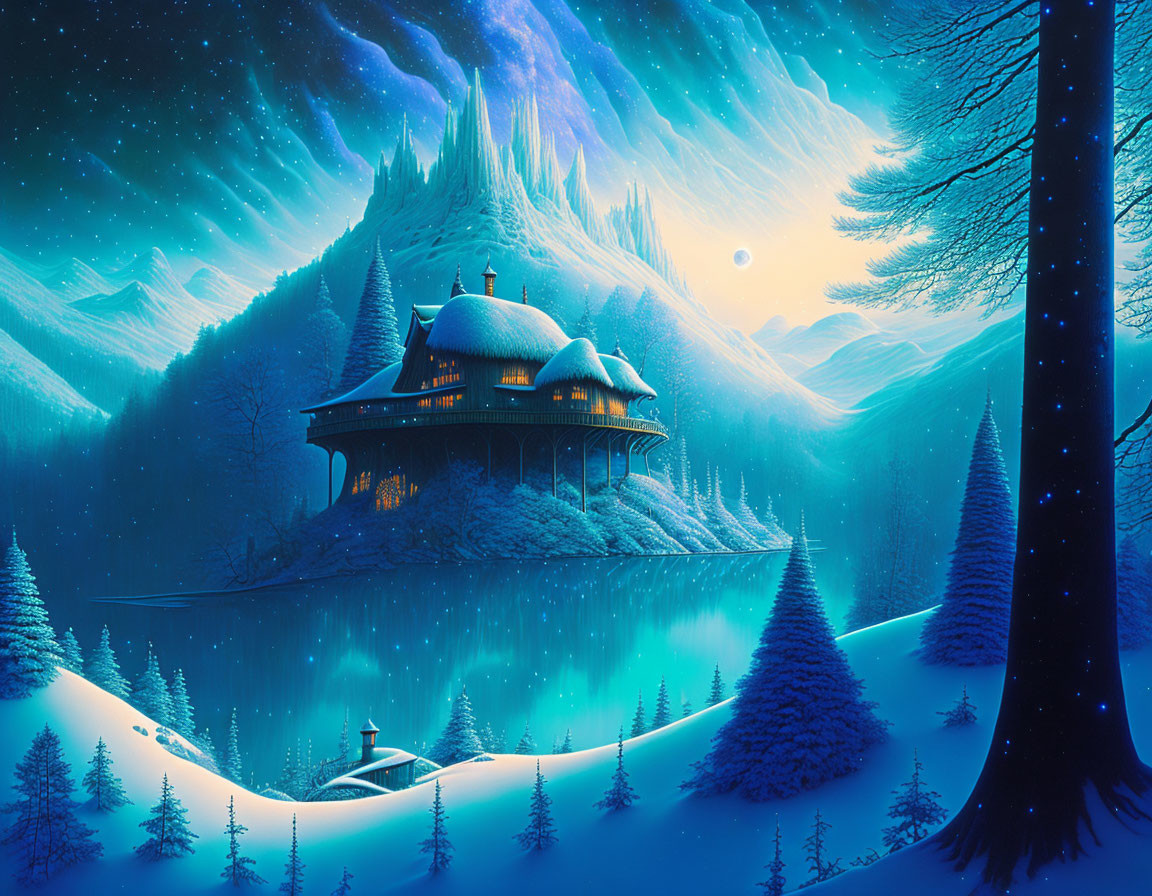 Fantasy night landscape: luminous house by lake, snowy pines, starry sky, mountains