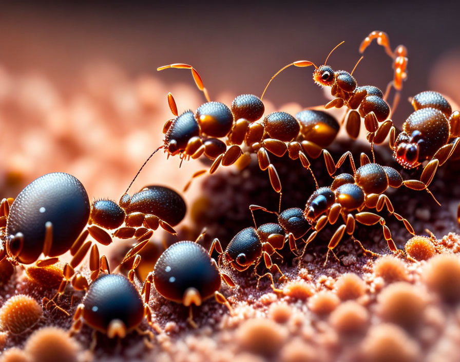 Detailed view of shiny ants on textured surface