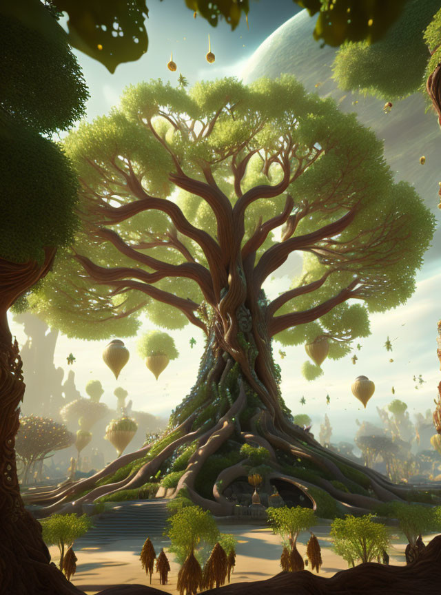 Majestic tree with intricate roots in fantastical landscape