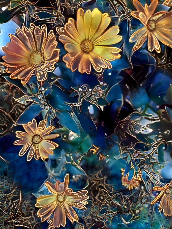 Golden Flowers on Blue