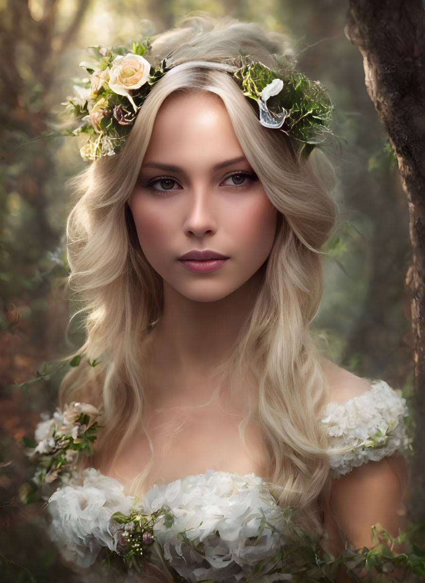 Blonde woman with floral crown in serene forest scene