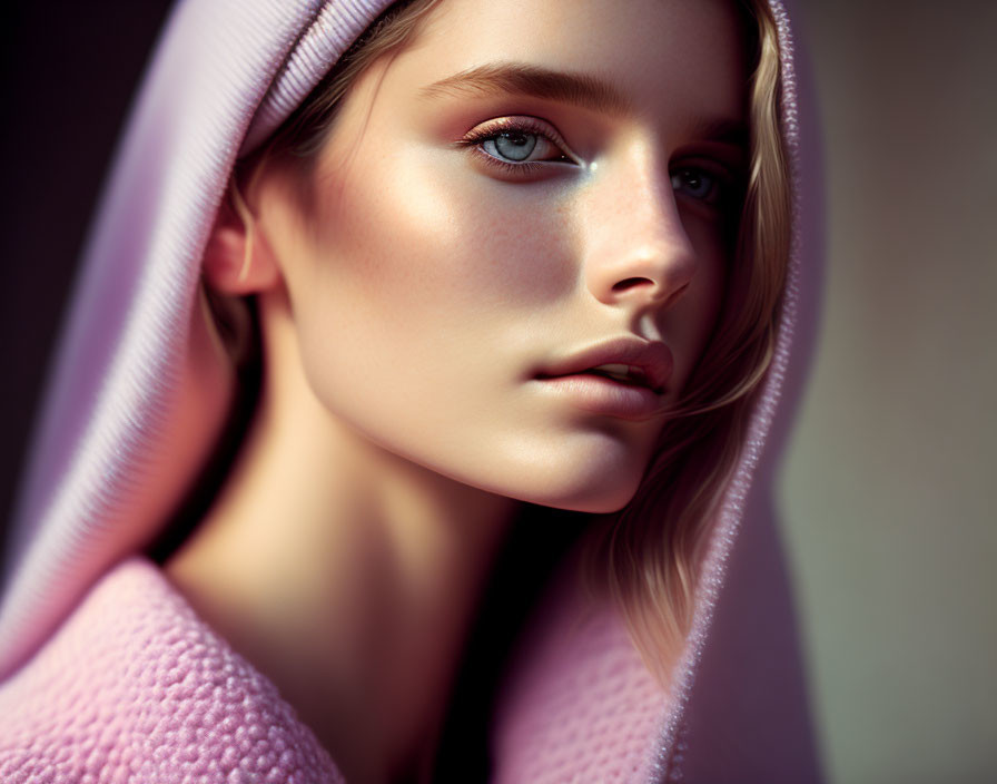 Blonde woman in pink soft-textured garment with subtle makeup