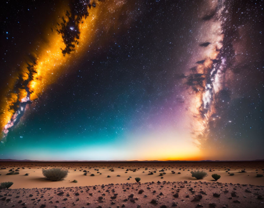 Vibrant starry sky over surreal desert landscape