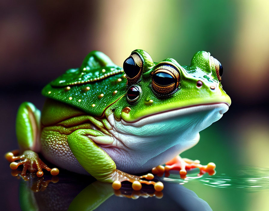 Vibrant digital artwork: Green frog with shiny skin and reflective eyes by water