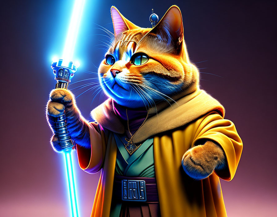 Anthropomorphic cat in Jedi attire wields blue lightsaber on purple background