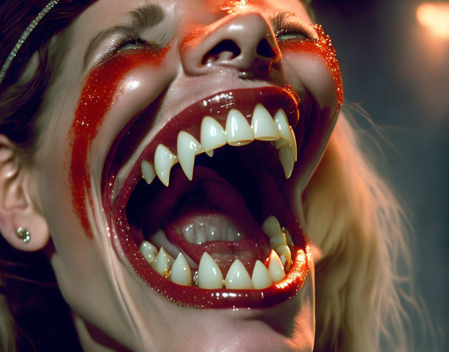 Person with wide-open mouth and sharp teeth dripping red substance