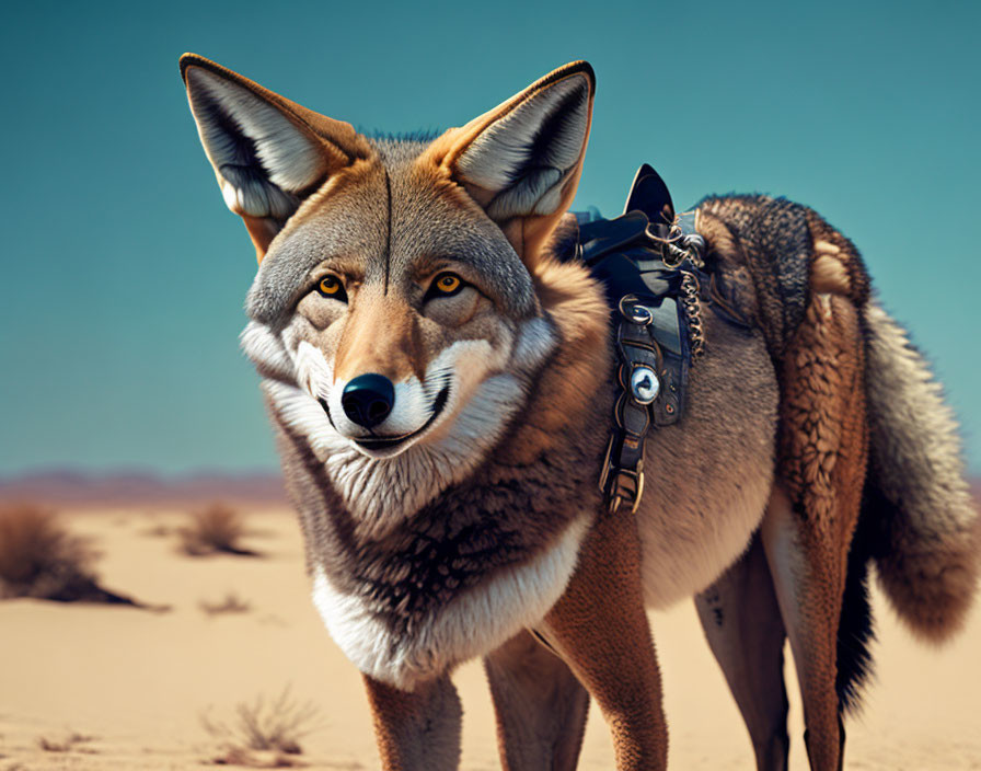 Realistic anthropomorphic coyote wearing leather harness in desert setting