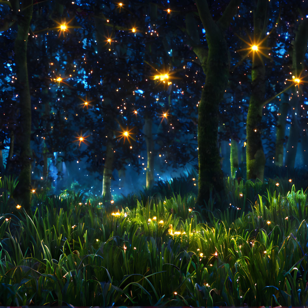 Enchanting Night Forest with Twinkling Lights