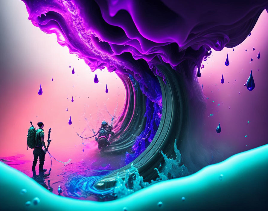 Person with backpack in front of swirling purple and blue liquid vortex