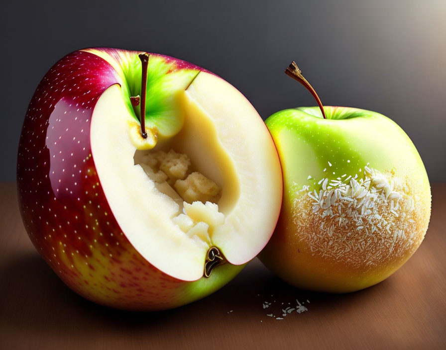 Hybrid apples with kiwi, coconut, banana, and cherry fruits inside