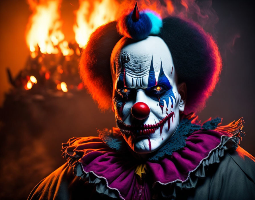 Sinister clown with painted face and sharp teeth against fiery backdrop