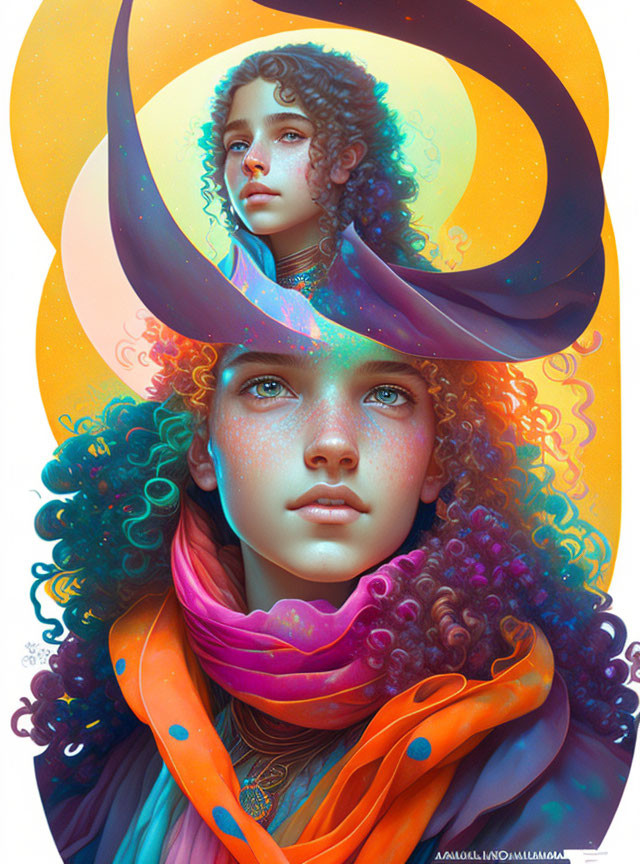 Abstract digital artwork featuring two individuals with curly hair and blue eyes amidst vibrant warm-colored shapes.