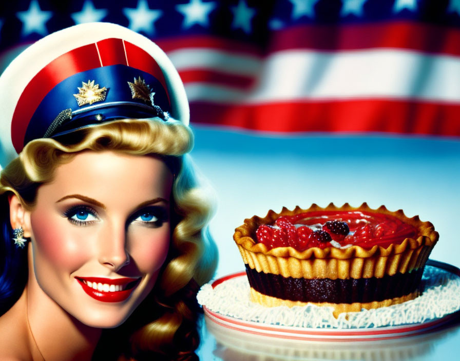 Vintage portrait of a smiling woman with American flags and berry tart.