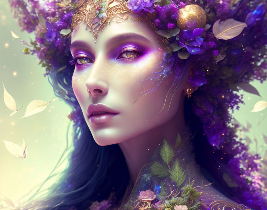 Fantasy portrait of woman with purple hues, floral crown, gold headpiece, magical glow, floating