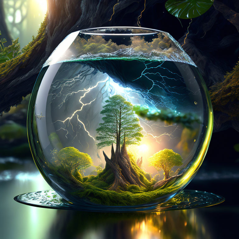 Fantasy-themed image of tree in miniature landscape with thunderstorms in transparent fishbowl