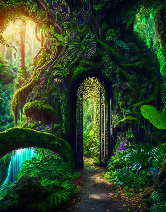 Lush green forest with ornate tree door, sunlight, and waterfall