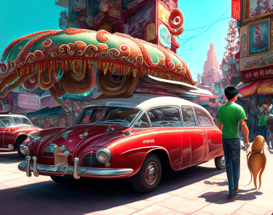 Man and Dog Watching Colorful Street Scene with Vintage Cars and Vibrant Decorations