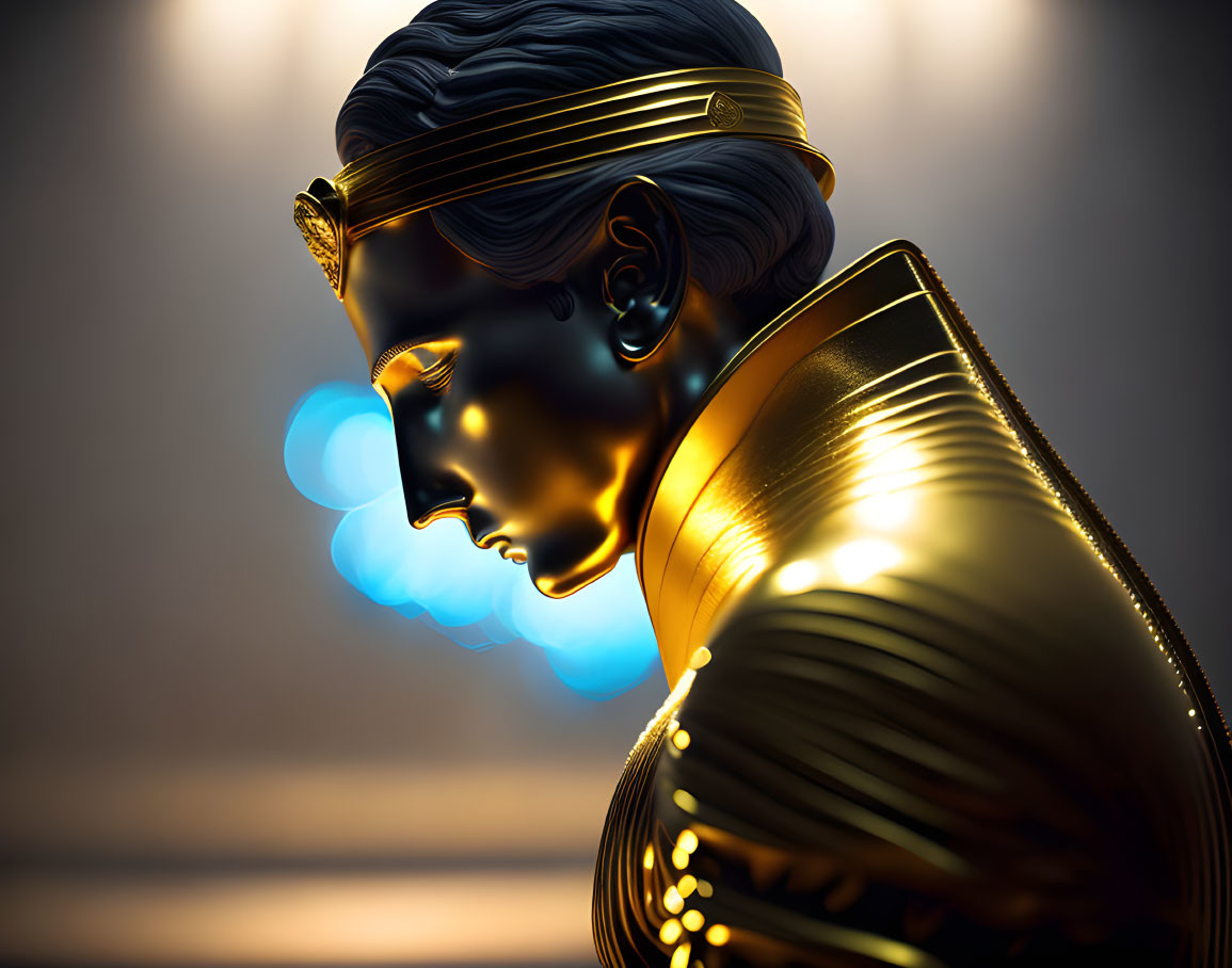 Golden statue of serene female figure with headband under blue lights