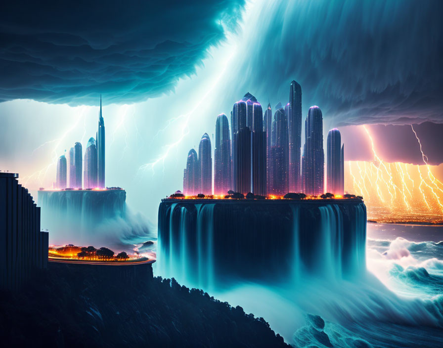 Futuristic cityscape on waterfall cliff in stormy sky