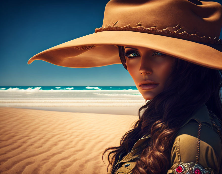 Woman with Striking Eyes in Large Floppy Hat on Sandy Beach