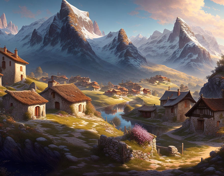 Scenic village with stone houses, thatched roofs, mountains, and lake at dusk