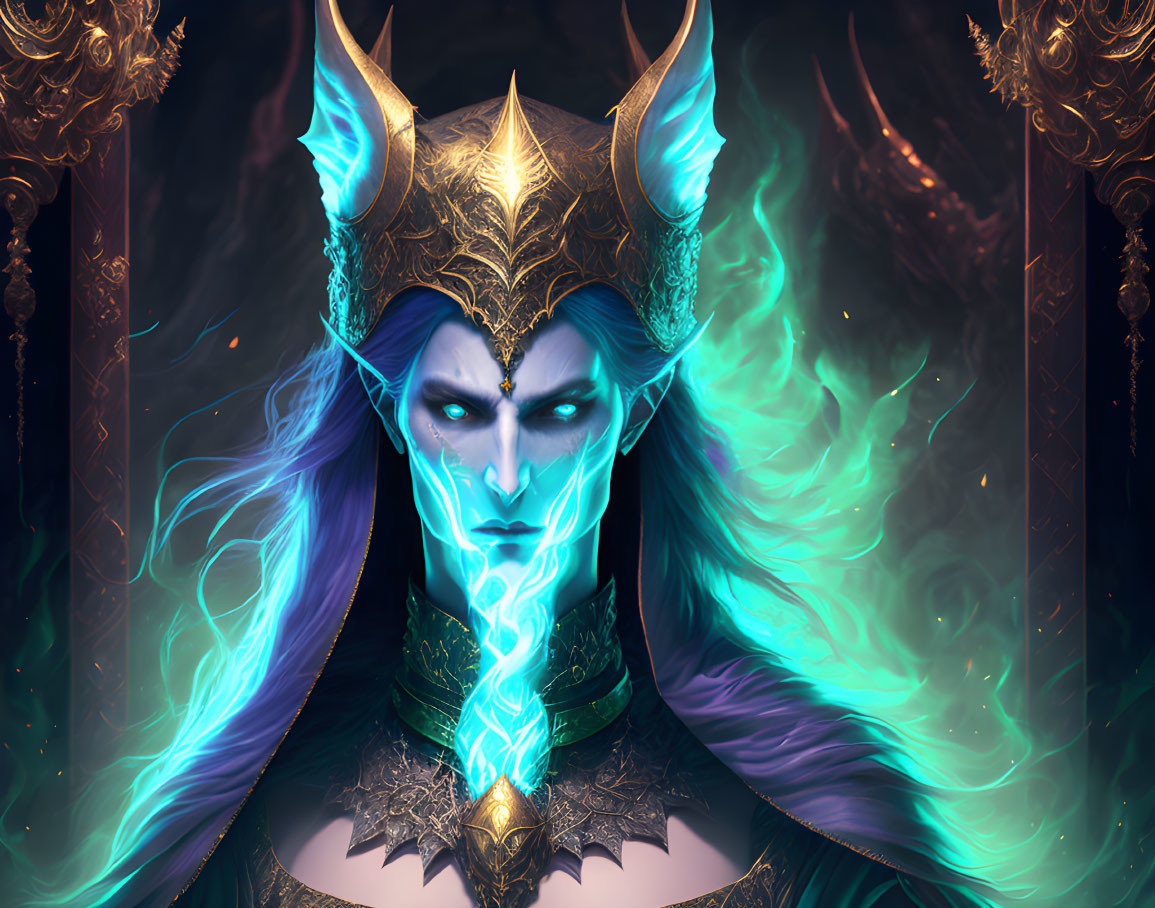 Mystical character with glowing blue eyes and golden horned headgear surrounded by ornate details and