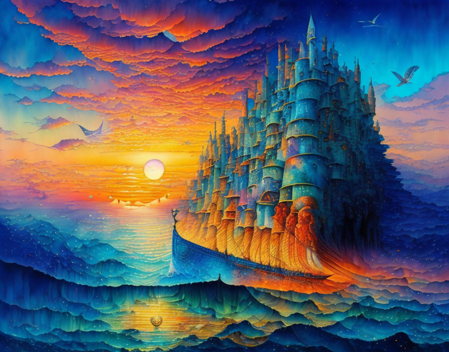 Fantasy painting: Ship-like castle sailing at sunset