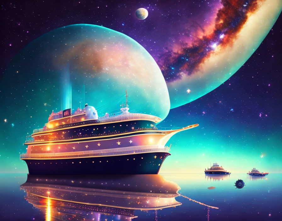 Vintage cruise ship floating among stars and planets in cosmic scene