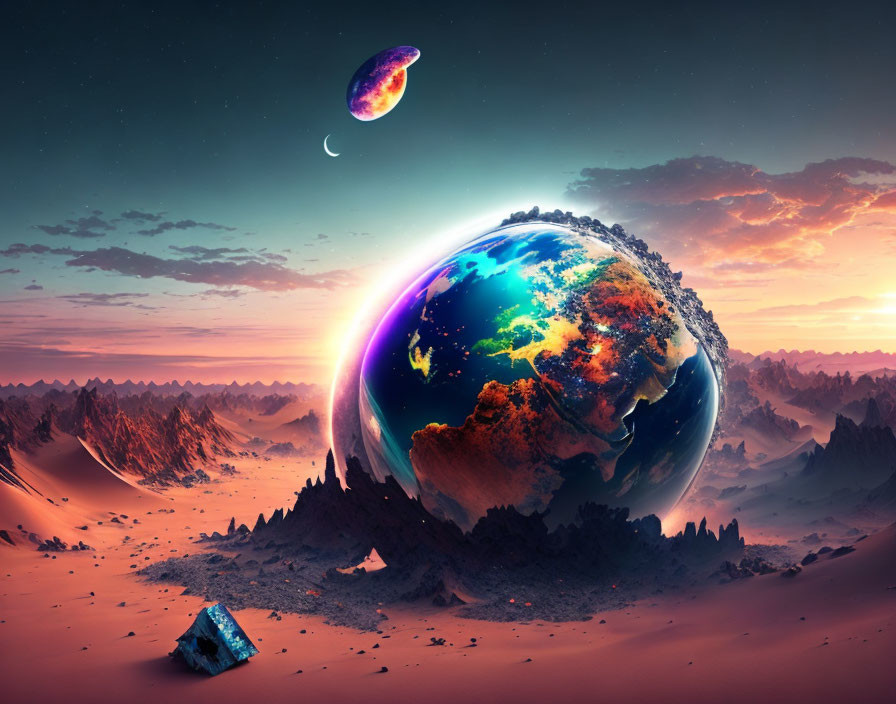 Vibrant oversized Earth in fantastical desert landscape