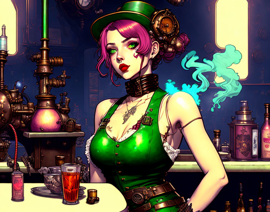 Illustration of woman with pink hair in steampunk bar