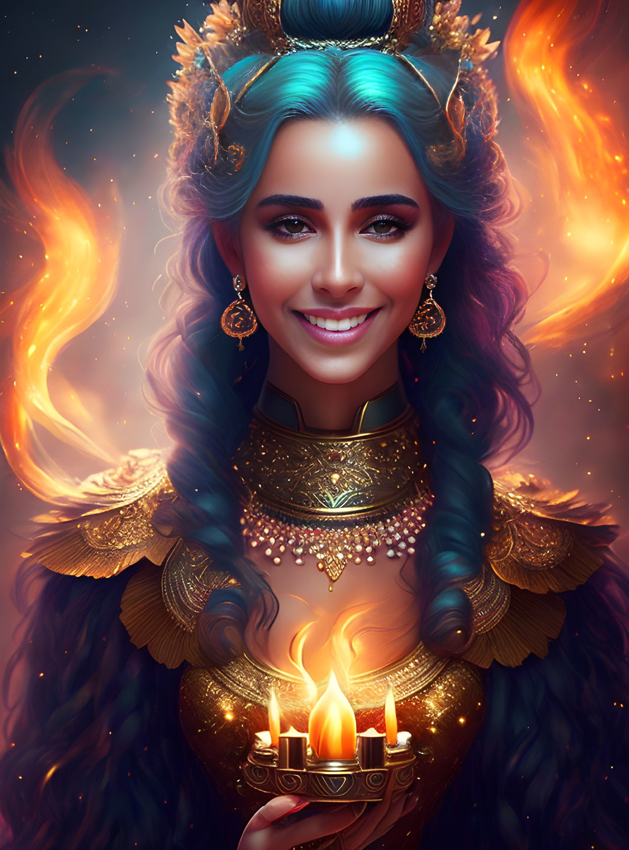 Vibrant digital portrait of a woman with blue hair in flame-themed attire