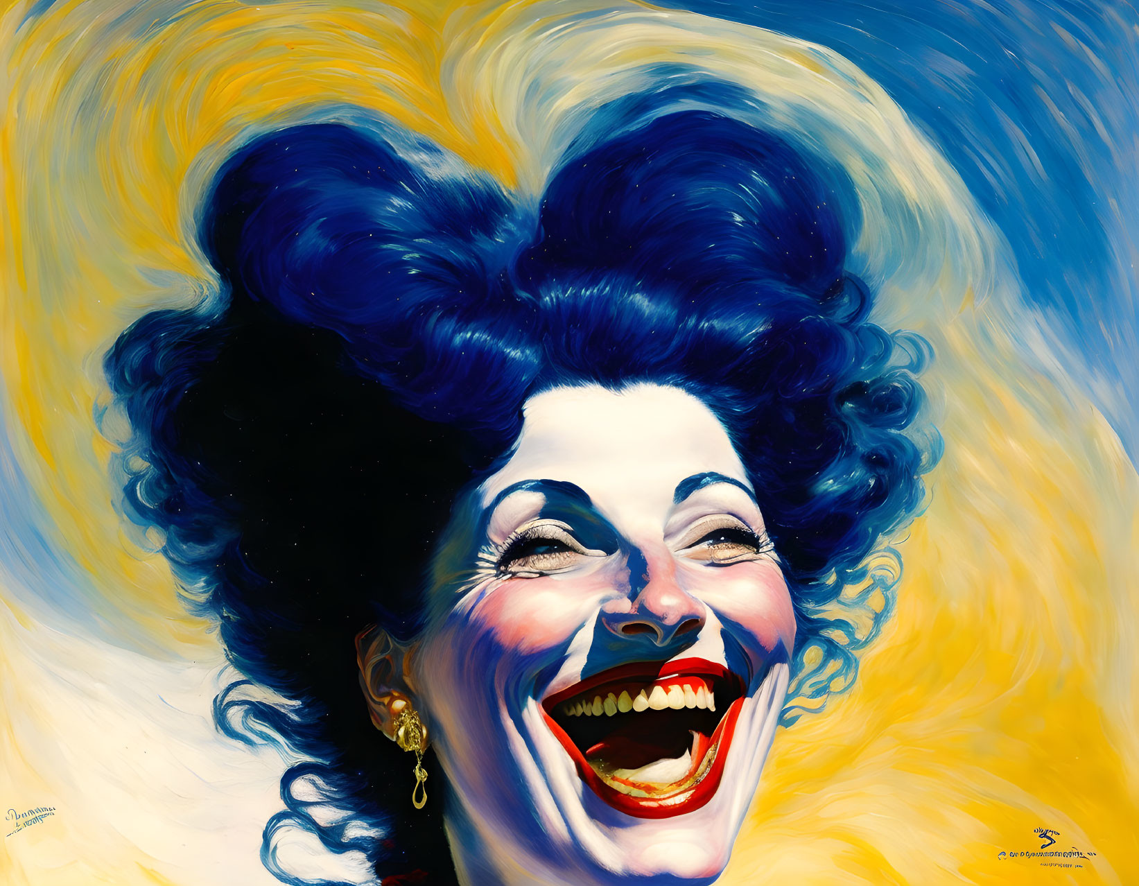 Colorful portrait of a smiling woman with blue hair on yellow background