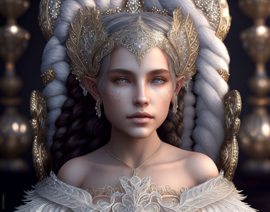 Fantasy character with white braided hair, blue eyes, golden headpiece, ornate gown